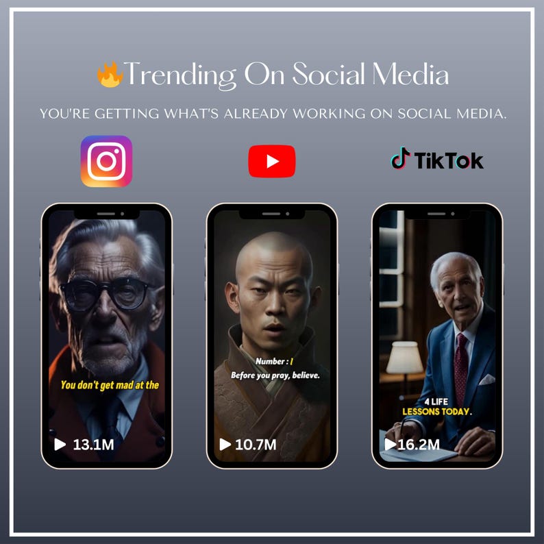 Op de afbeelding: Afbeelding die social media trends promoot, met Instagram, YouTube en TikTok logo's. Drie telefoonschermen tonen afbeeldingen met tekst: "You don't get mad at the", "Number: 1 Before you pray, believe.", en "4 LIFE LESSONS TODAY." Elk scherm toont het aantal weergaven.