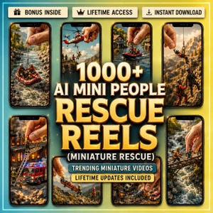 May include: A digital collection titled 1000+ AI MINI PEOPLE RESCUE REELS (MINIATURE RESCUE) featuring various smartphone screens displaying miniature rescue scenes, including helicopters, fire trucks, and rescue teams in rugged terrain.