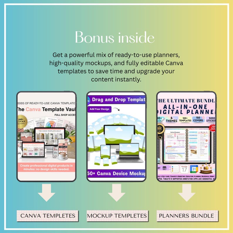 May include: A digital product bundle advertisement with a gradient background. The image showcases three digital product mockups: Canva templates, device mockups, and a digital planner bundle. Text includes "Bonus inside" and descriptions of the products.