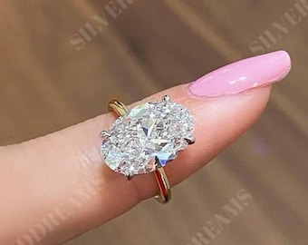 ヒドゥンハローエンゲージリング 4.00カラット ソリティアオーバルシミュレーテッドダイヤモンドリング シンプルウェディングリング 925スターリングシルバーリング 女性へのギフトリング