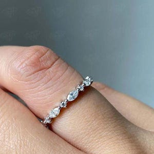 Alternating CZ Diamond Band 2 MM Marquise and Round Cut Diamond Wedding Band Half Eternity Band Stackable Band Shared Prong Wedding Band