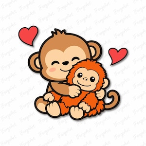 Simpatico cucciolo di scimmia SVG, scimmietta kawaii che abbraccia un orangutan, clipart di animali della giungla PNG, file di taglio per Cricut, design adesivo d'amore