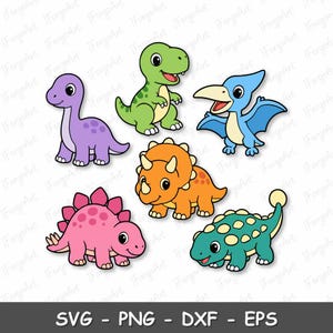 May include: A collection of six colorful cartoon dinosaur illustrations including a purple long-necked dinosaur, a green T-Rex, a blue pterodactyl, an orange triceratops, a pink stegosaurus, and a teal ankylosaurus on a white background.