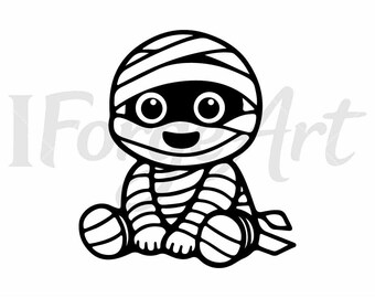 Cute Baby Mummy SVG, Halloween Kawaii Clipart PNG, Mummy Outline Design, Cricut Cut File