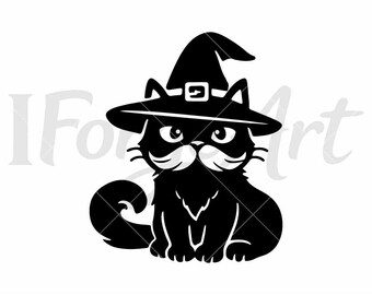 Witch Cat SVG with Mustache, Cute Black Cat Outline, Halloween Cat PNG