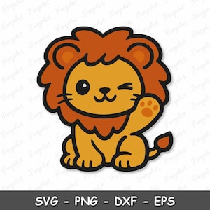 May include: A cartoon lion illustration featuring a golden yellow body and a dark orange mane. The lion has a winking eye, a small black nose, and a raised paw. The design is outlined in thick black lines and includes a tail with a tuft.