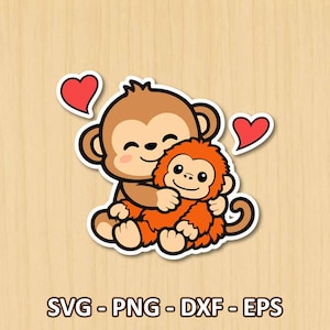 Söt babyapa SVG, kawaii apa som kramar orangutang, djungeldjur Clipart PNG, Cricut Cut-fil, kärleksklistermärkesdesign