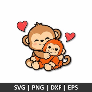 Könnte beinhalten: Eine Cartoon-Illustration von zwei sich umarmenden Affen mit roten Herzen darüber. Der größere Affe ist braun und der kleinere Affe ist orange. Das Bild enthält den Text "SVG | PNG | DXF | EPS".