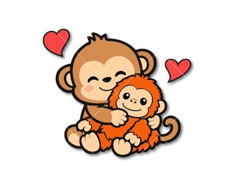 Cute Baby Monkey SVG, Kawaii Punch Monkey Hugging Orangutan, Jungle Animal Clipart PNG, Cricut Cut File, Love Sticker Design