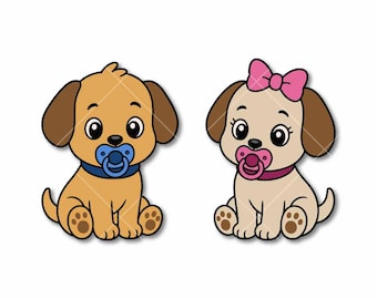 Puppy Couple SVG, Baby Dogs with Pacifiers, Pink Bow Clipart (Digital Download)