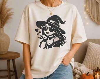 Cute Witch Blowing Kiss SVG, Kawaii Halloween Witch Clipart PNG, Witch Girl Outline, Cricut Cut File, Sublimation Design