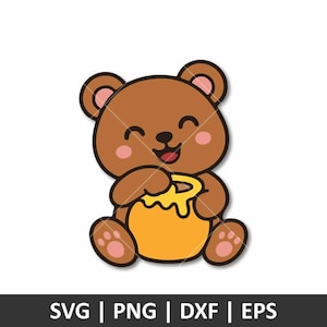 May include: A cartoon illustration of a brown bear cub with a happy expression, holding a yellow honey pot. The bear has pink cheeks and paws. The image includes the text "SVG | PNG | DXF | EPS".