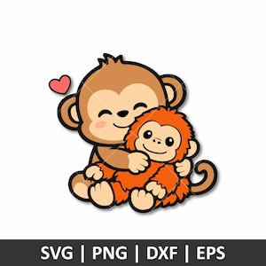 May include: A cartoon illustration of two monkeys hugging. The larger monkey is brown, and the smaller monkey is orange. A pink heart floats above the larger monkey's head. The image includes the text "SVG | PNG | DXF | EPS".