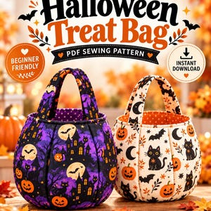 Peut inclure: Deux sacs à friandises en tissu avec anses, l'un noir avec des motifs de manoirs hantés et citrouilles violettes, l'autre crème avec des chats noirs et citrouilles orange. Texte : Halloween Treat Bag, PDF SEWING PATTERN, BEGINNER FRIENDLY, INSTANT DOWNLOAD.