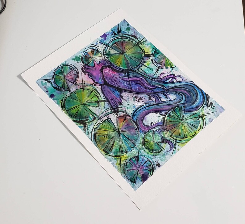 Rainbow Koi Fish Original Watercolor Illustration water lily pond lily pad beta goldfish tranquil water bright bathroom wall decor fountain