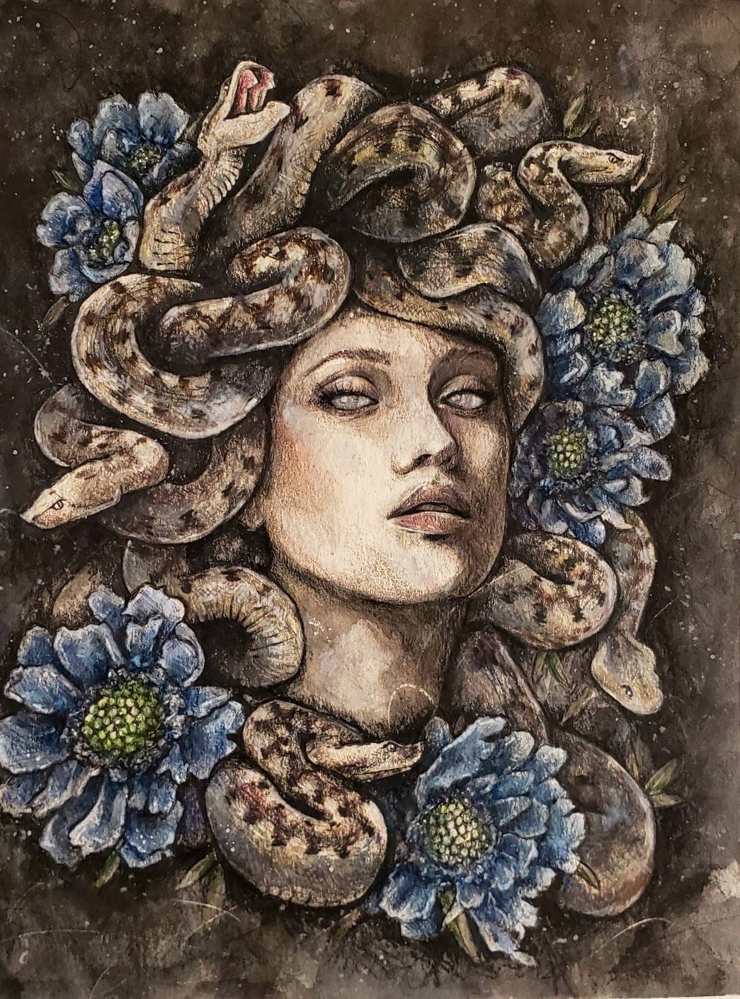 Medusa \u0026 Blue Flowers- Art PRINT Original Watercolor Gorgon Illustration  Artwork Viper Romance Greek Mythology Snake Tattoo Art Head Statue - Etsy, image size:1045x1412