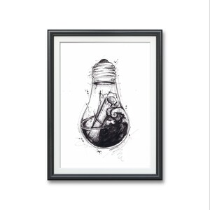 Mensaje en una botella- Impresión de arte, bombilla, pluma original e ilustración de tinta mapa del tesoro decoración de la pared del baño obras de arte temática costera del océano