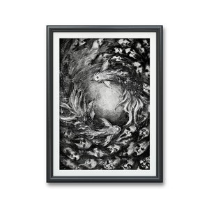 Fische - Original Feder und Tinte Illustration PRINT Gold Fisch Yin Yang Fische Frieden schwarz weiß Zeichnung Astrologie zen Tattoo ruhigen Yoga