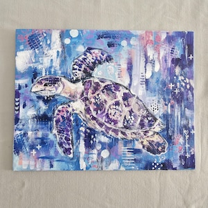 Whimsical Sea Turtle Art PRINT Acrylic, blue purple tones, Marine Wildlife Wall art tropical ocean aquatic life decor