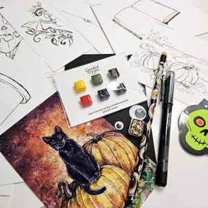 Caja de suscripción con inspiración artística para Halloween, 22 lecciones con indicaciones artísticas, calentamientos, educación en el hogar Octubre espeluznante Inktober espeluznante