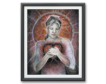 Guarded Heart- Original watercolor illustration, dark fantasy mental wellness divorce break up strength chained broken heart anxiety artwork