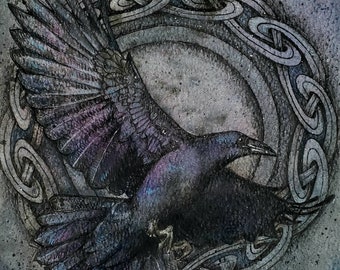 Raven- Art PRINT, Original Watercolor Illustration Artwork, Bird in Flight Blackbird crow birdwatcher gift celtic knot ring dark fantasy art