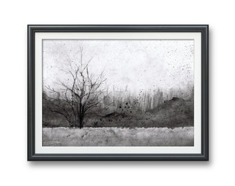 May include: A black and white framed print of a watercolor painting depicting a lone tree in a misty forest landscape.