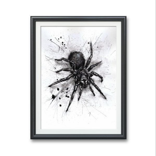 Australian funnel web spider Atracidae Original art PRINT, Watercolor Illustration Artwork black & white dark gothic horror arachnophobia