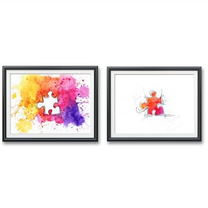 Conjunto de piezas de rompecabezas- Original Art PRINT SET Acuarela Ilustración autismo conciencia colorida pieza compañera piezas hermanas arte de larga distancia