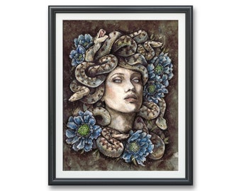 Medusa & blue flowers- Art PRINT Original watercolor gorgon illustration artwork viper Romance Greek mythology snake tattoo art head statue