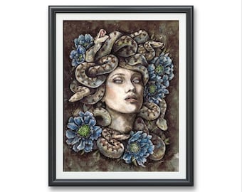 Medusa & blue flowers- Art PRINT Original watercolor gorgon illustration artwork viper Romance Greek mythology snake tattoo art head statue