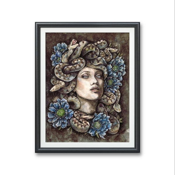 Medusa & blue flowers- Art PRINT Original watercolor gorgon illustration artwork viper Romance Greek mythology snake tattoo art head statue