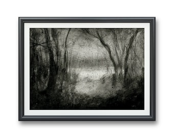 May include: A black and white drawing of a forest scene with trees and a lake in the background. The drawing is done in a realistic style and has a dark and moody feel.