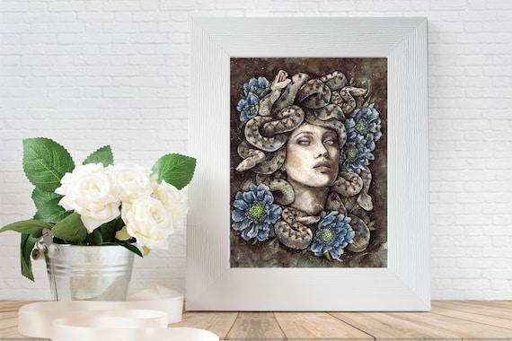 Romantik Tattoo Kopf Art Kunst Etsy - griechische Medusa Kunstwerk Blumen Original Aquarell blaue Gorgon Österreich Illustration Schlange Mythologie Statue & PRINT Viper