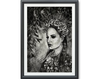 May include: A black and white illustration of a woman with a crown of roses and a necklace of skulls. The woman has a serious expression on her face and is looking to the side. The background is a dark, textured surface.