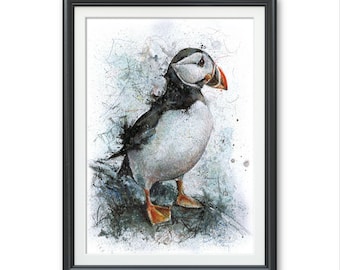 Atlantic Puffin original art Print Watercolor Splatter Illustration artwork penguin small sea parrot Tufted Puffin Horned Rhinoceros Auklet
