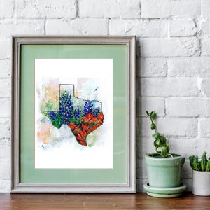 Texas Wildflowers- Art PRINT of an original watercolor state bluebonnets Country home decor blue bonnets wildflowers field Indian Paintbrush
