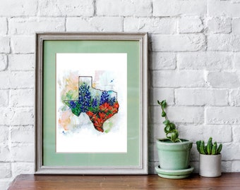 Texas Wildflowers- Art PRINT of an original watercolor state bluebonnets Country home decor blue bonnets wildflowers field Indian Paintbrush