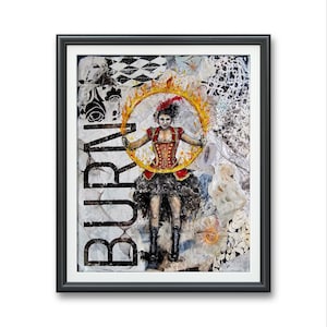 Circus Fire Ring Performer PRINT Sun Tarot collage Artwork zwart-wit donkere gotische fantasy horror Halloween carnaval verborgen afbeelding griezelig