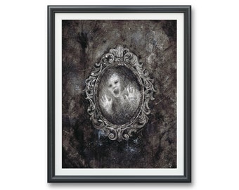 Bloody Mary Mirror- Original art PRINT, Watercolor Illustration Artwork black & white dark gothic fantasy horror phantom ghost haunted wall
