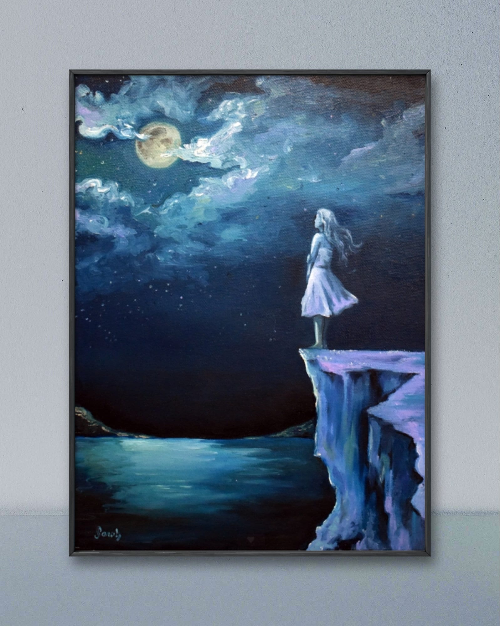 星空観察 - キャンバスに油絵を描いたアートプリント 崖、夜空、銀河