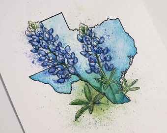 Texas Bluebonnets- Art PRINT of an original watercolor state art illustration Country home decor blue bonnets wildflowers field souvenir art