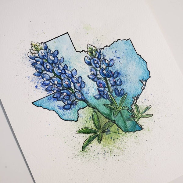 Texas Bluebonnets-Art PRINT van een originele aquarel staatskunst illustratie Landhuisdecor blauwe mutsen wilde bloemen veld souvenir kunst