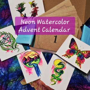 Advent Calendar 24 Envelopes Neon Watercolor Christmas Set painting sheets Surprise Shimmer Mica Handmade Watercolour Mini Painting a day