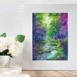 Babbling Brook- Art PRINT Original watercolor illustration artwork colorful vivid painting stream landscape, enchanted garden wall decor