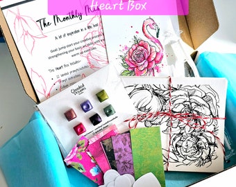 Watercolor Art Box Heart Inspiration Subscription Box, Monthly 22 Art prompts lessons, heart card making Artist Gift, learn