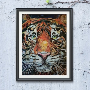 Tiger- Art PRINT of Original Collage, magazine paper, cat, feline mixed media wall decor living room king, jungle Japanese orange tiger gift