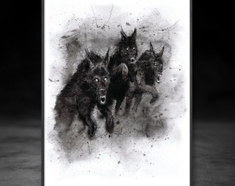 Hellhound, Werewolf- Original art PRINT, Watercolor Illustration Artwork black & white dark gothic fantasy dog legend folklore Cerberus art