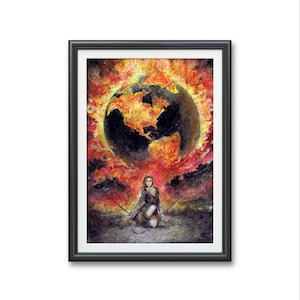 Courage, World on fire Art PRINT, Original watercolor illustration artwork, determination success boss independence pyromania encouragement