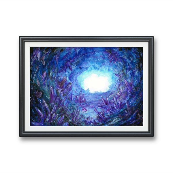 Crystal Cave Amethyst, Art PRINT of an Original Watercolor caving spelunking tunnel natural cave destination jeweler wiccan purple stone